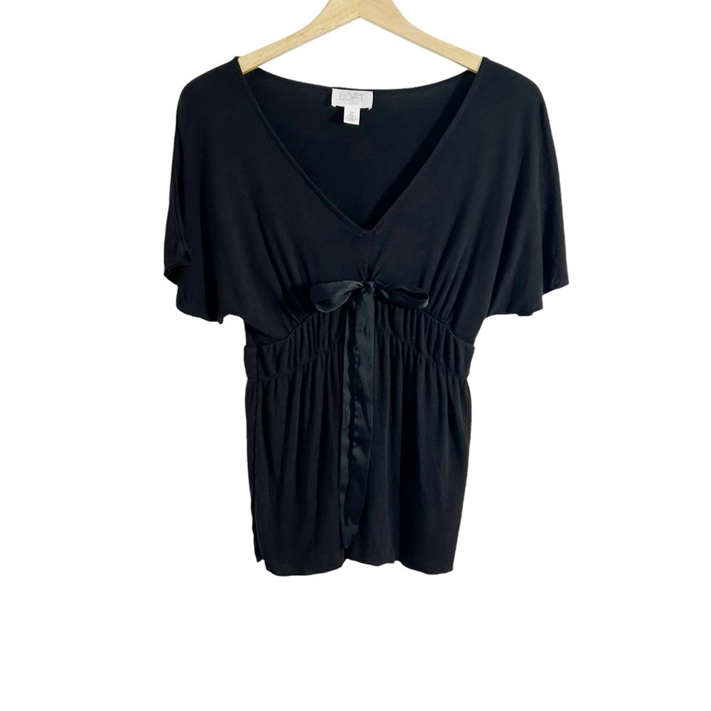 Ann Taylor Loft Petites Black V-Neckline Bow Waist Top Petite Size Top